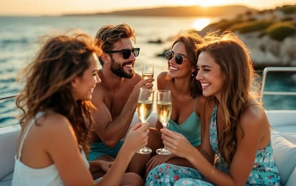 Friends toasting on the coast